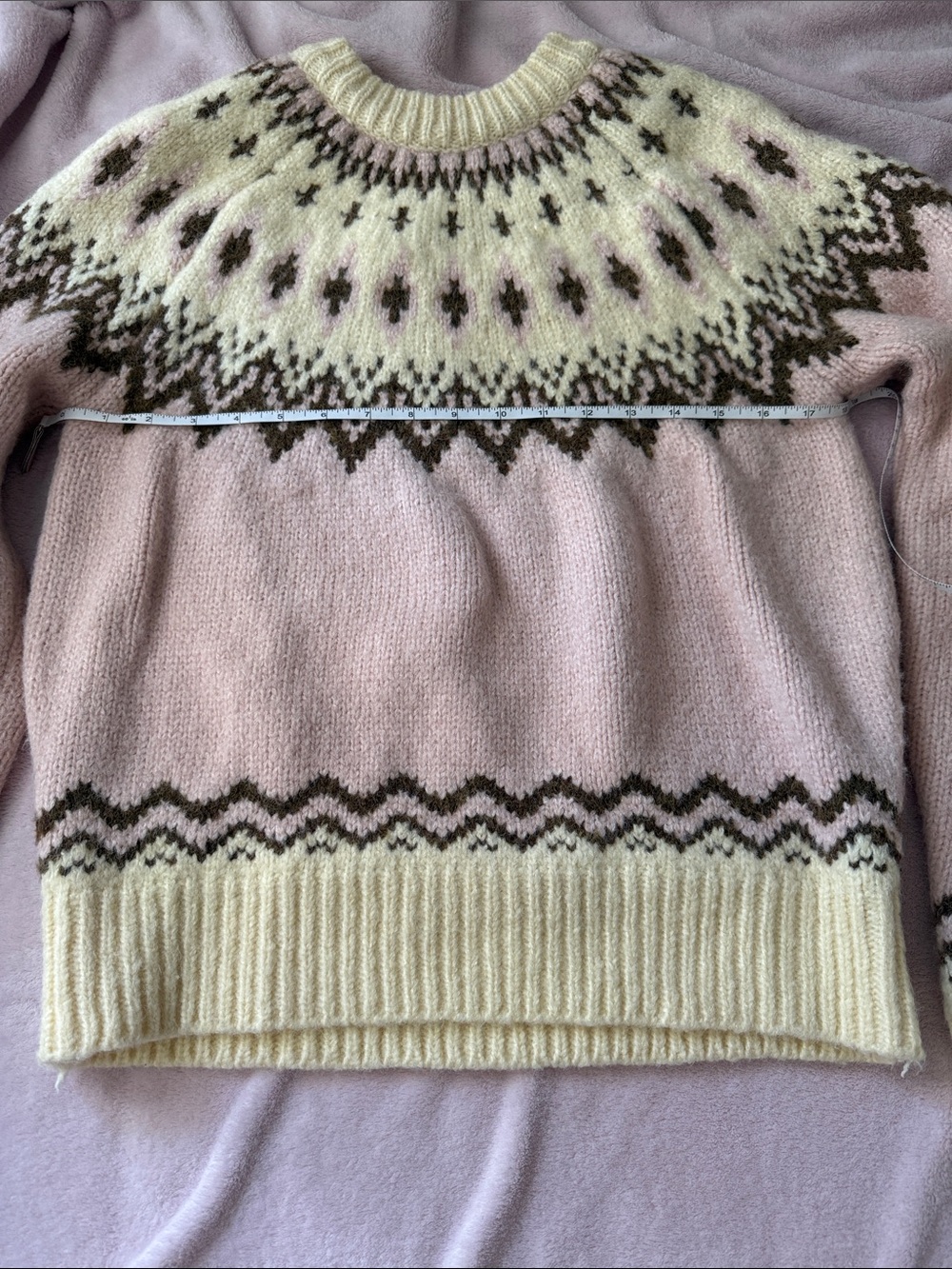 🤍 Women's Pink Fair Isle Knit Sweater - Cream and Brown Pattern